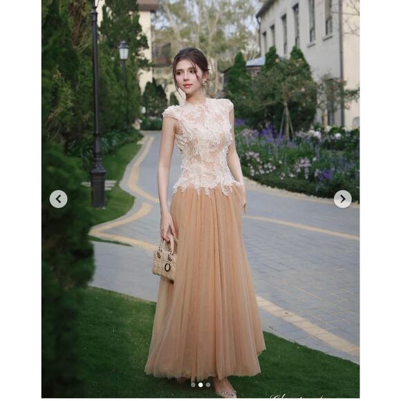 Peach Tulle Open Back Gown XS – Lace Bodice Formal Evening Dress Prom Wedding - Picture 1 of 7